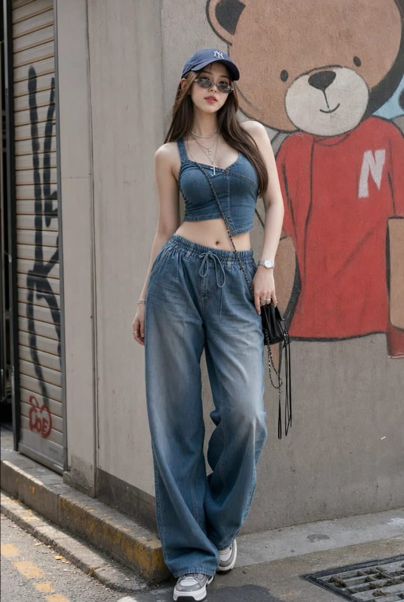 Denim Street Fashion Mural Prompt — Korean Soft Glam Street Photo — AI image generated with GPT Image 2