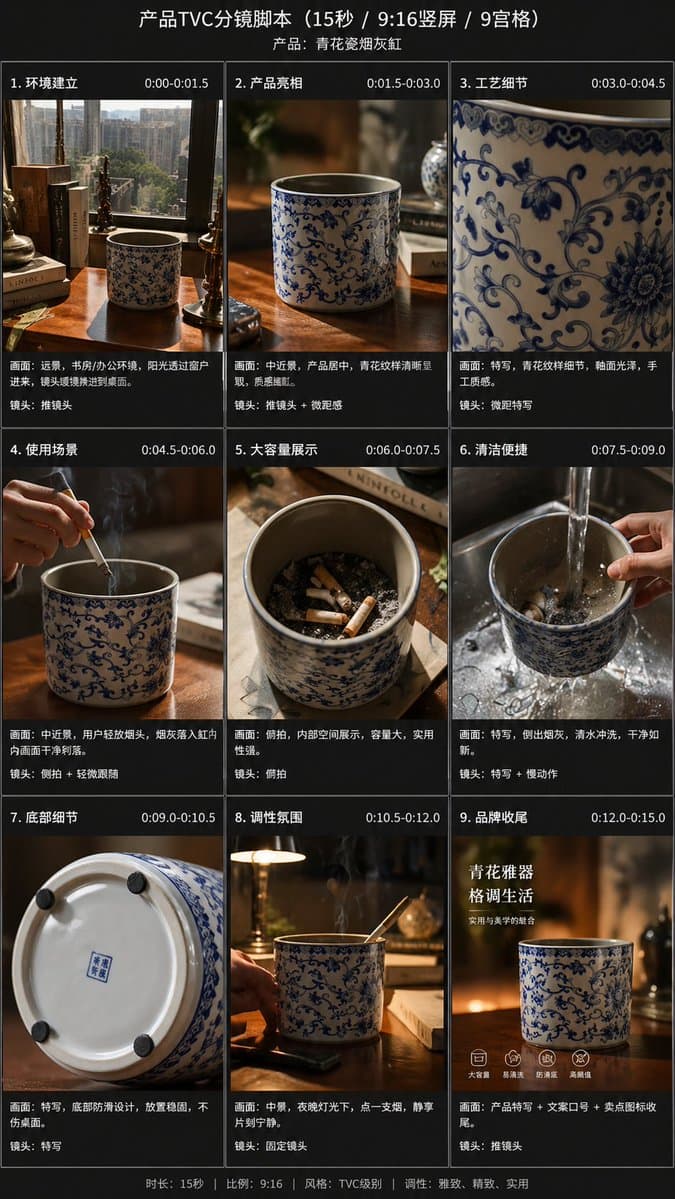 E-Commerce TVC Storyboard — 9-Panel Product Ad Shot List