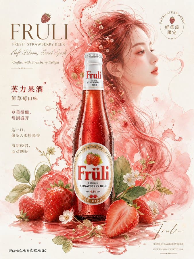 Fruli Strawberry Beer Prompt — Botanical Watercolor Luxury Ad
