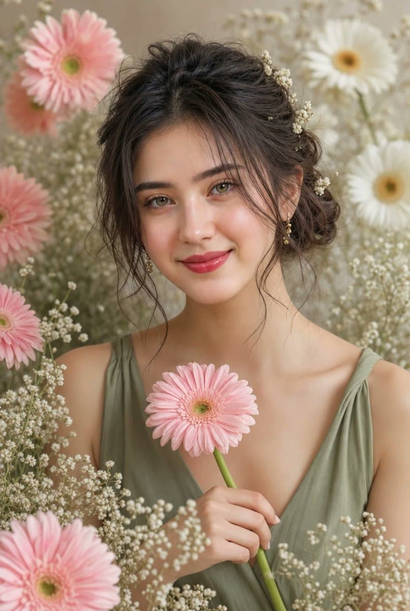 Gerbera Daisy Floral Beauty Prompt — East Asian Editorial Portrait — AI image generated with GPT Image 2