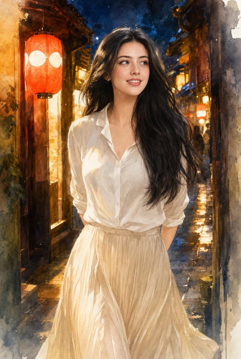 Japanese Lantern Alley Watercolor Prompt — IMAX Cinematic Portrait — AI image generated with GPT Image 2