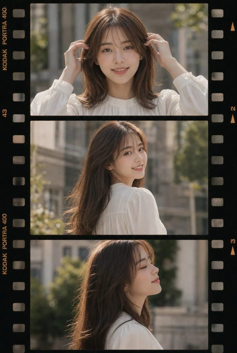 K-Beauty Film Strip Portrait Prompt — 35mm Analog Triptych — AI image generated with GPT Image 2