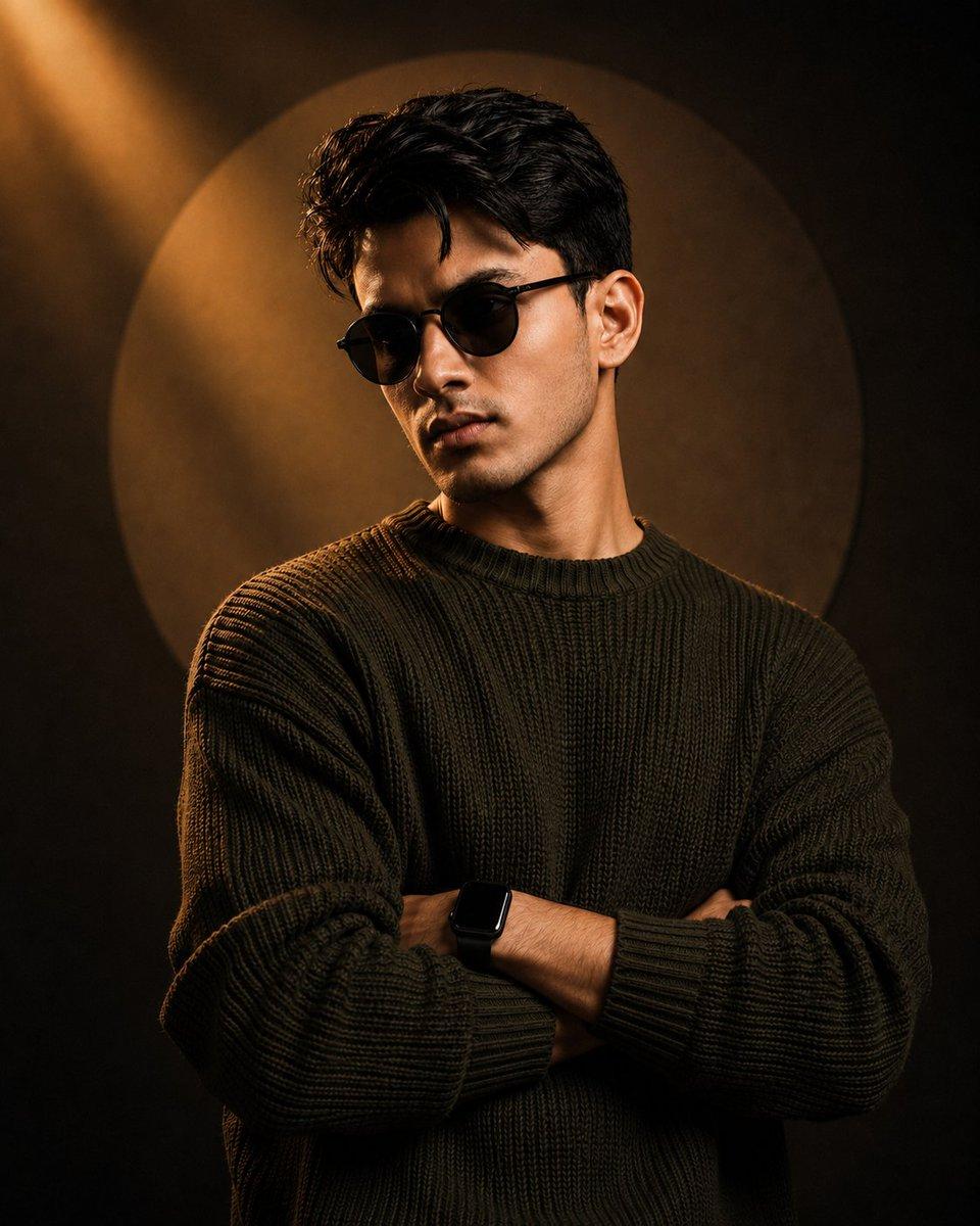 Olive Sweater Golden Halo Prompt — Cinematic Men's Studio Portrait — AI image generated with GPT Image 2