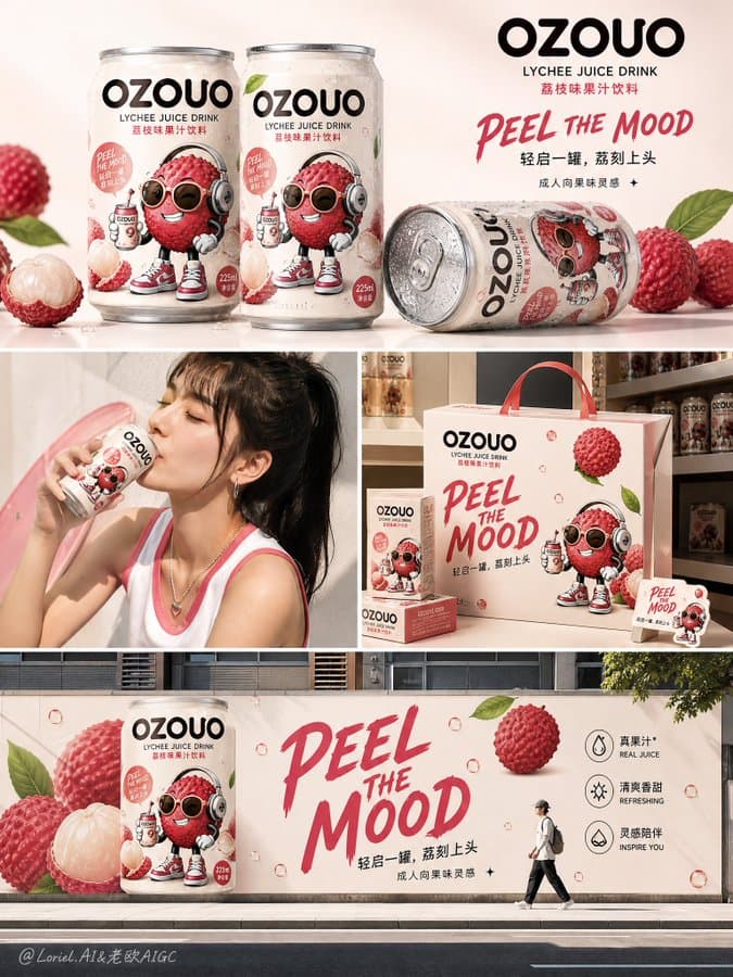 OZOUO Lychee Brand Campaign Prompt — Lifestyle Launch Collage Board — AI image generated with GPT Image 2