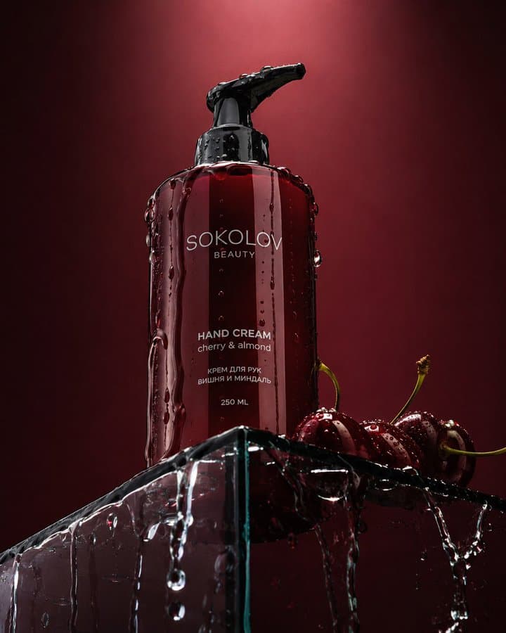 Sokolov Cherry Hand Cream Prompt — Low-Angle Luxury Product Photo — AI image generated with GPT Image 2