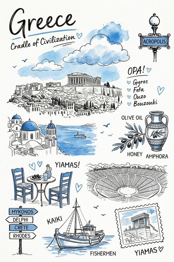 Vintage Travel Journal Country Prompt — Ink Sketch Scrapbook Illustration — AI image generated with GPT Image 2