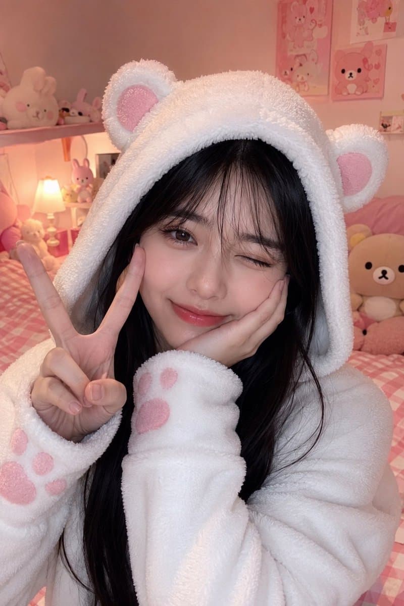 Bear-Ear Hoodie Kawaii Selfie Prompt — Pastel Bedroom Portrait