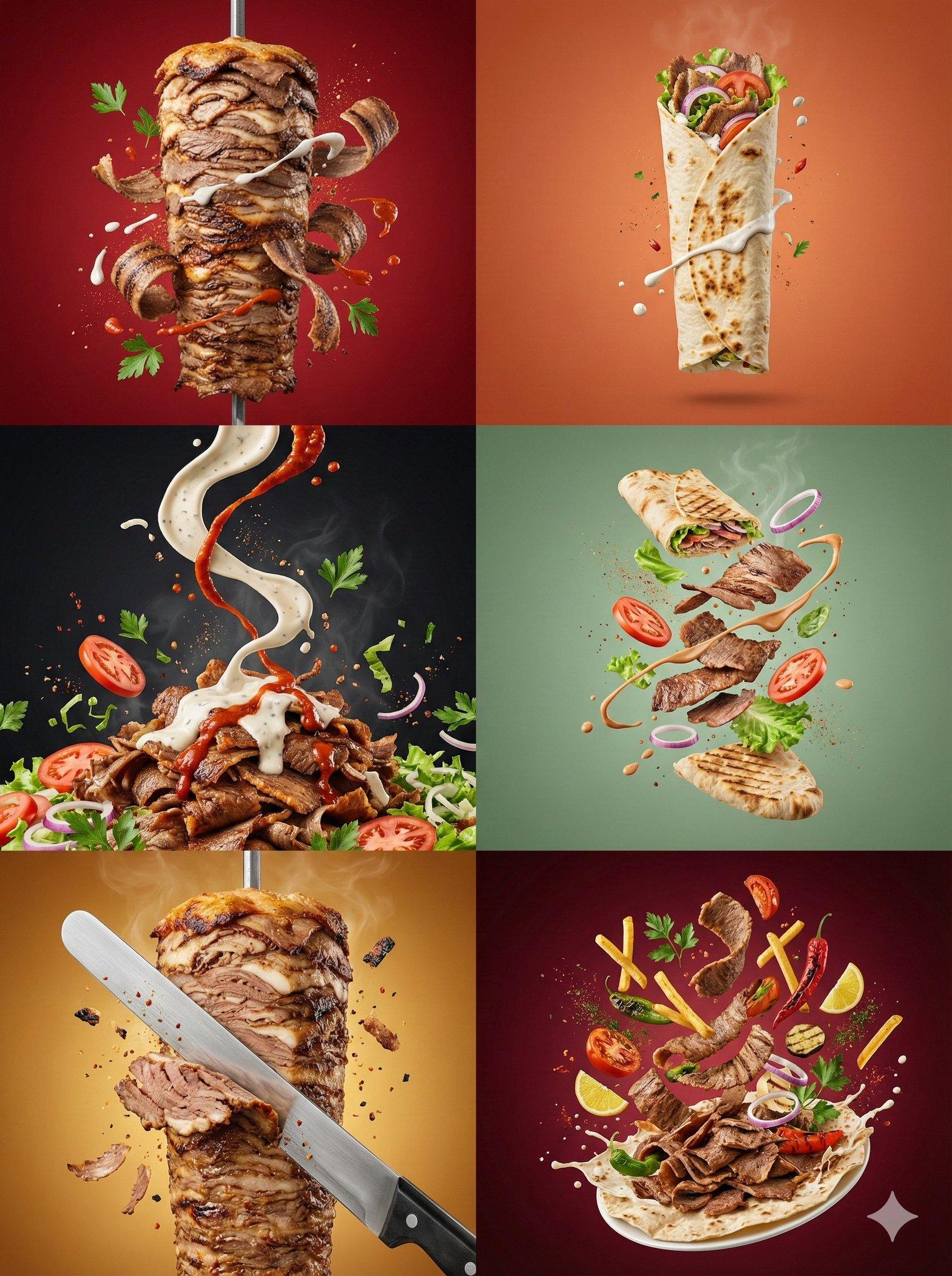 Turkish Döner Commercial Food Photography — 6-Scene Explosion Shoot — AI image generated with GPT Image 2