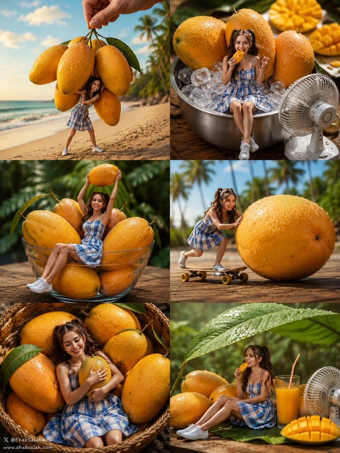 Giant Mango Miniature Adventure Prompt — 6-Panel Identity-Lock Collage — AI image generated with GPT Image 2