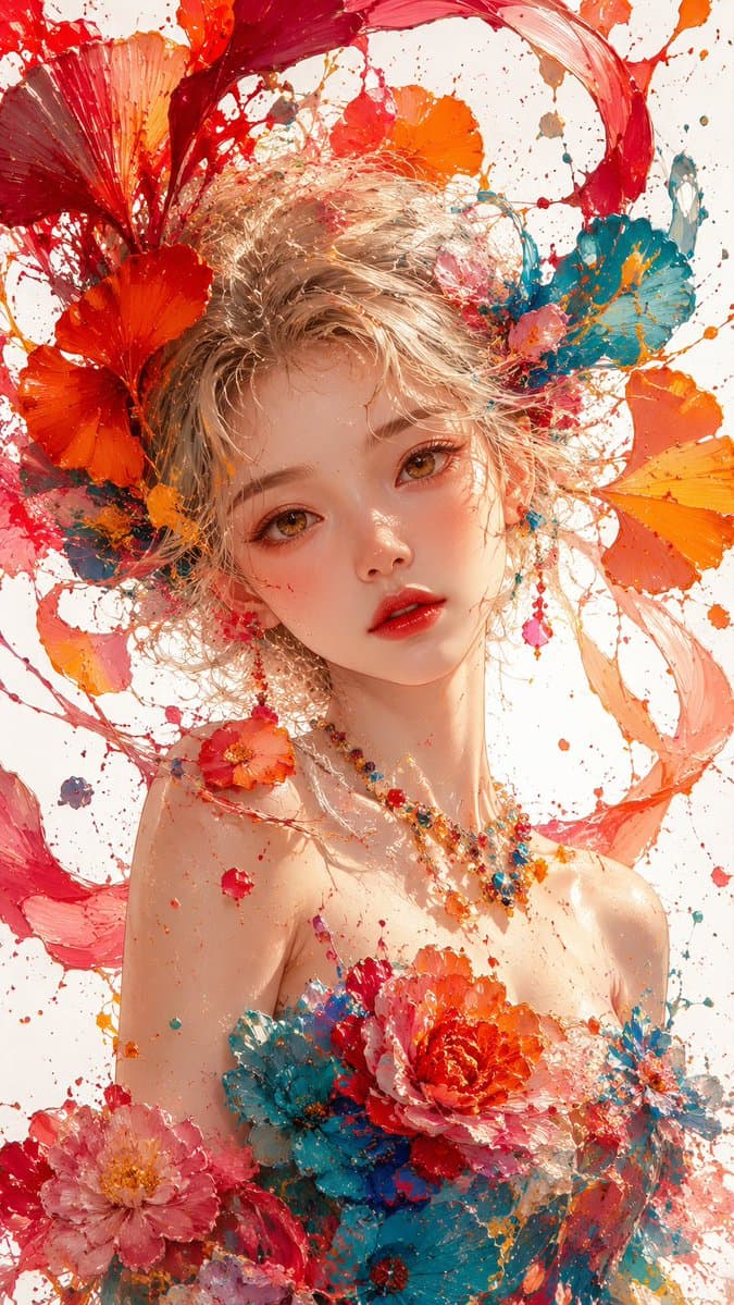 Impasto Floral Paint Splash Prompt — East Asian Oil Painting Portrait — AI image generated with GPT Image 2