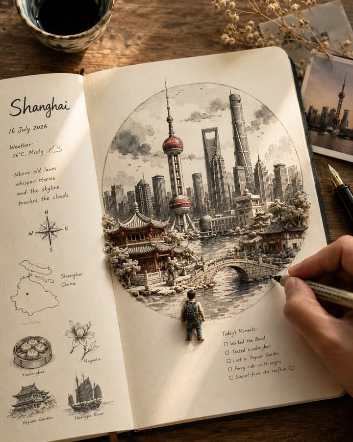 Ink-to-Clay Travel Journal Prompt — Overhead Sketchbook Macro Scene — AI image generated with GPT Image 2
