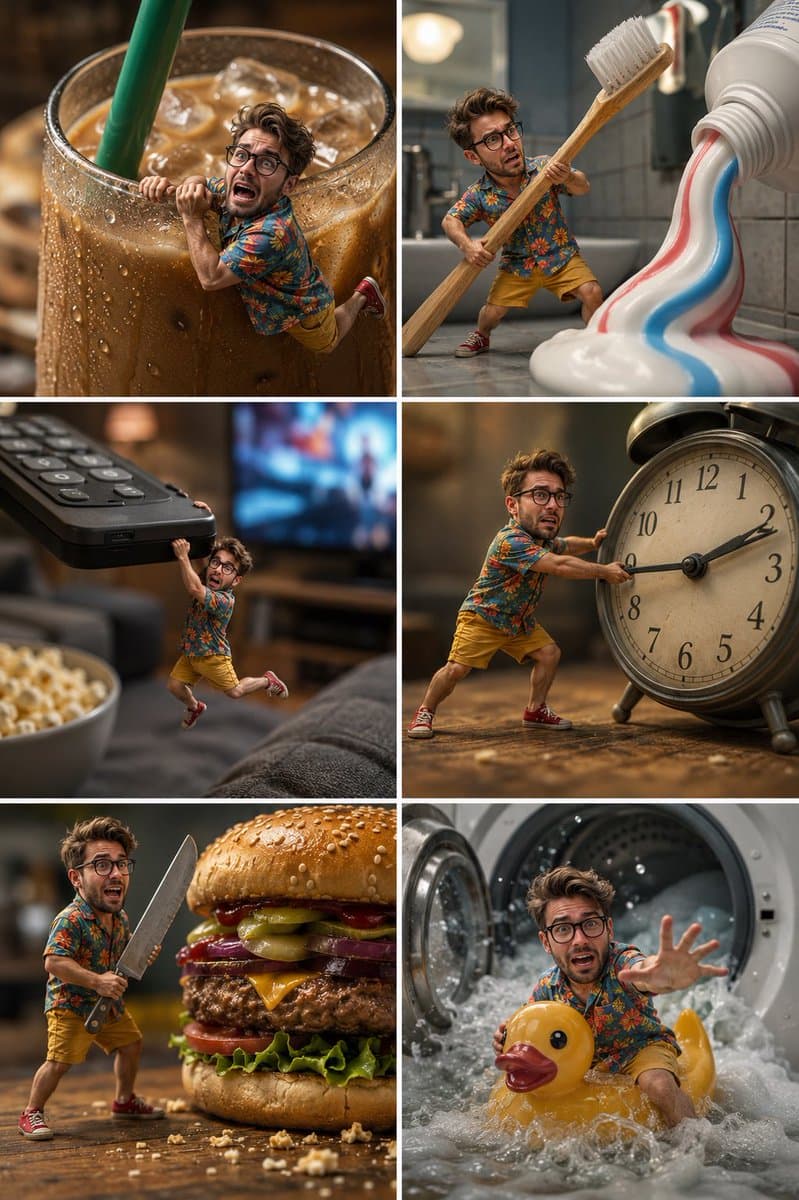 Miniature Man Household Survival Prompt — 6-Panel Macro Collage — AI image generated with GPT Image 2