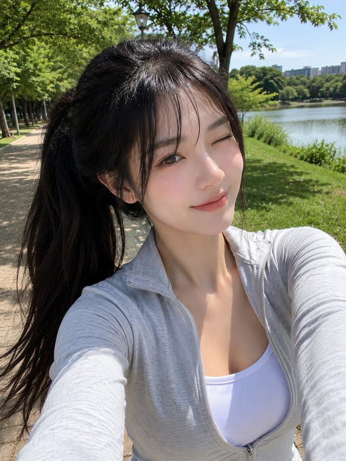 Park Path Smartphone Selfie Prompt — Candid Korean Lifestyle Photo — AI image generated with GPT Image 2