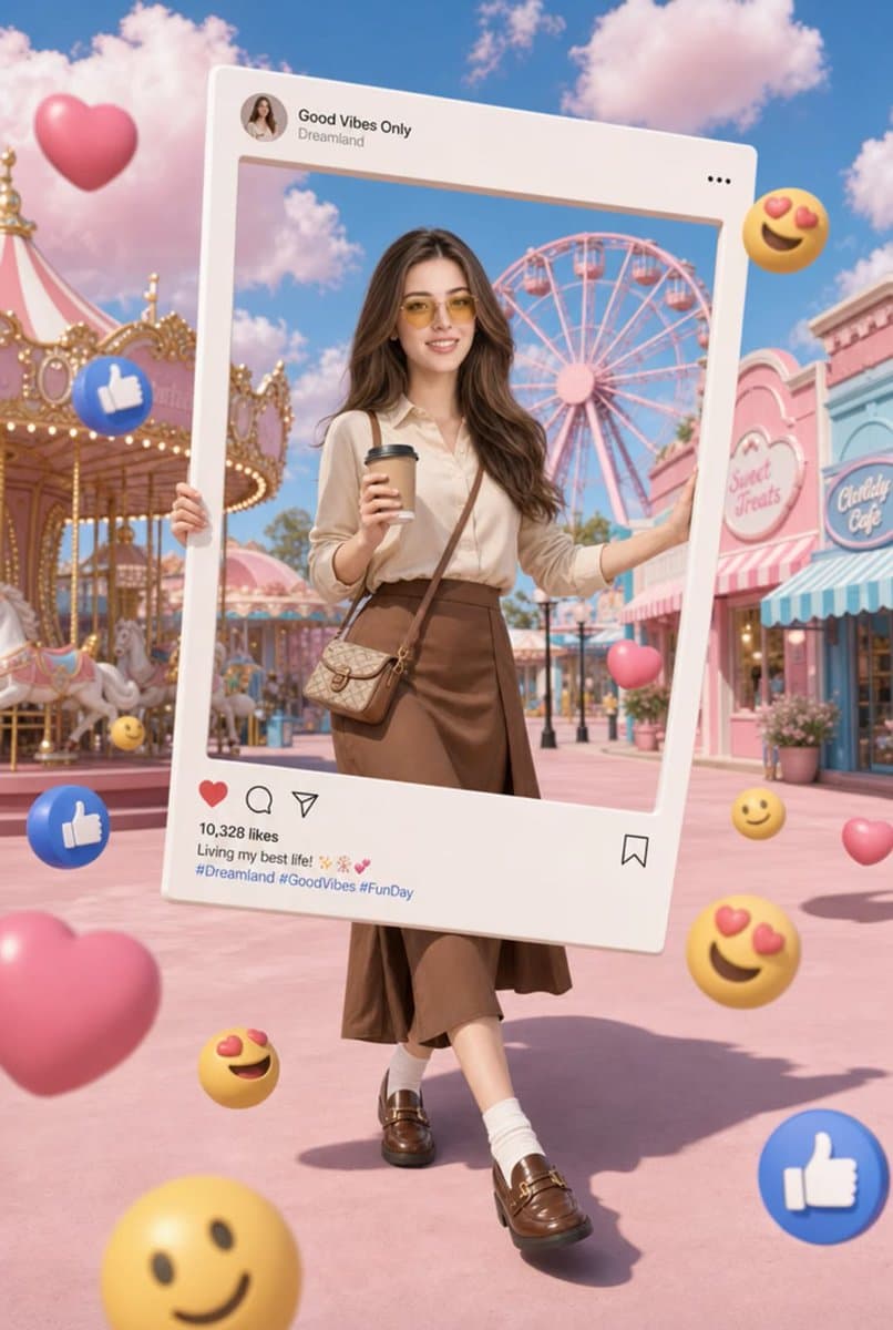 Pastel Amusement Park Social Frame Prompt — Surrealist 3D Pop-Art Render