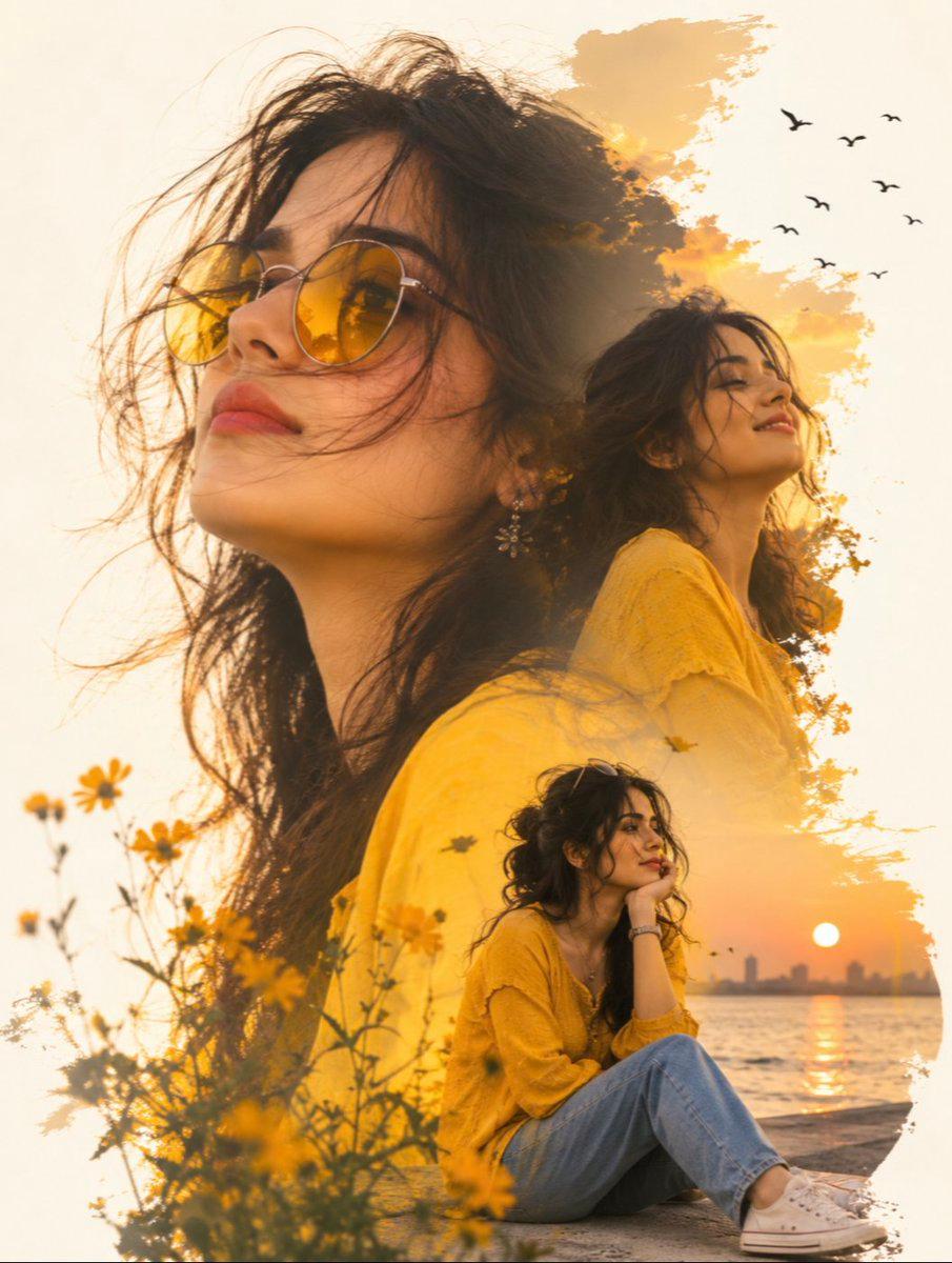 Yellow Sunset Double Exposure Prompt — Dreamy Seaside Artistic Portrait — AI image generated with GPT Image 2
