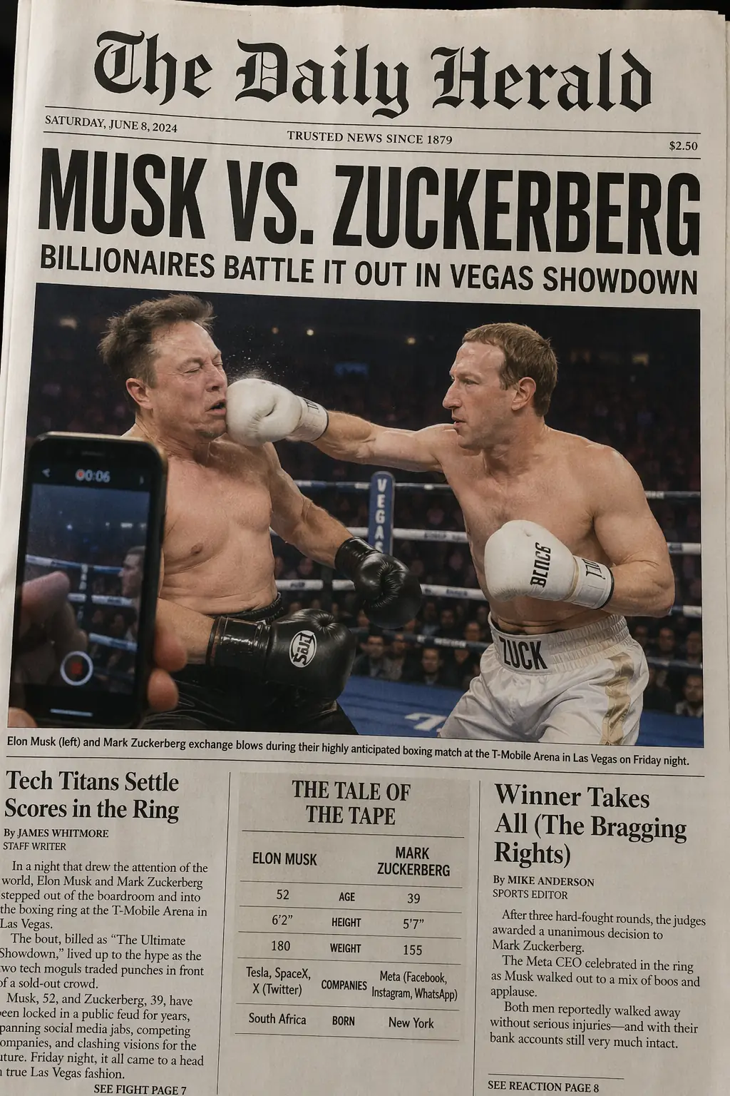 Musk vs Zuckerberg Boxing Match Newspaper